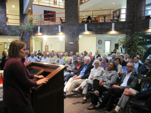 Hope Shannon speaks at the launch of her new book at United South End Settlements.